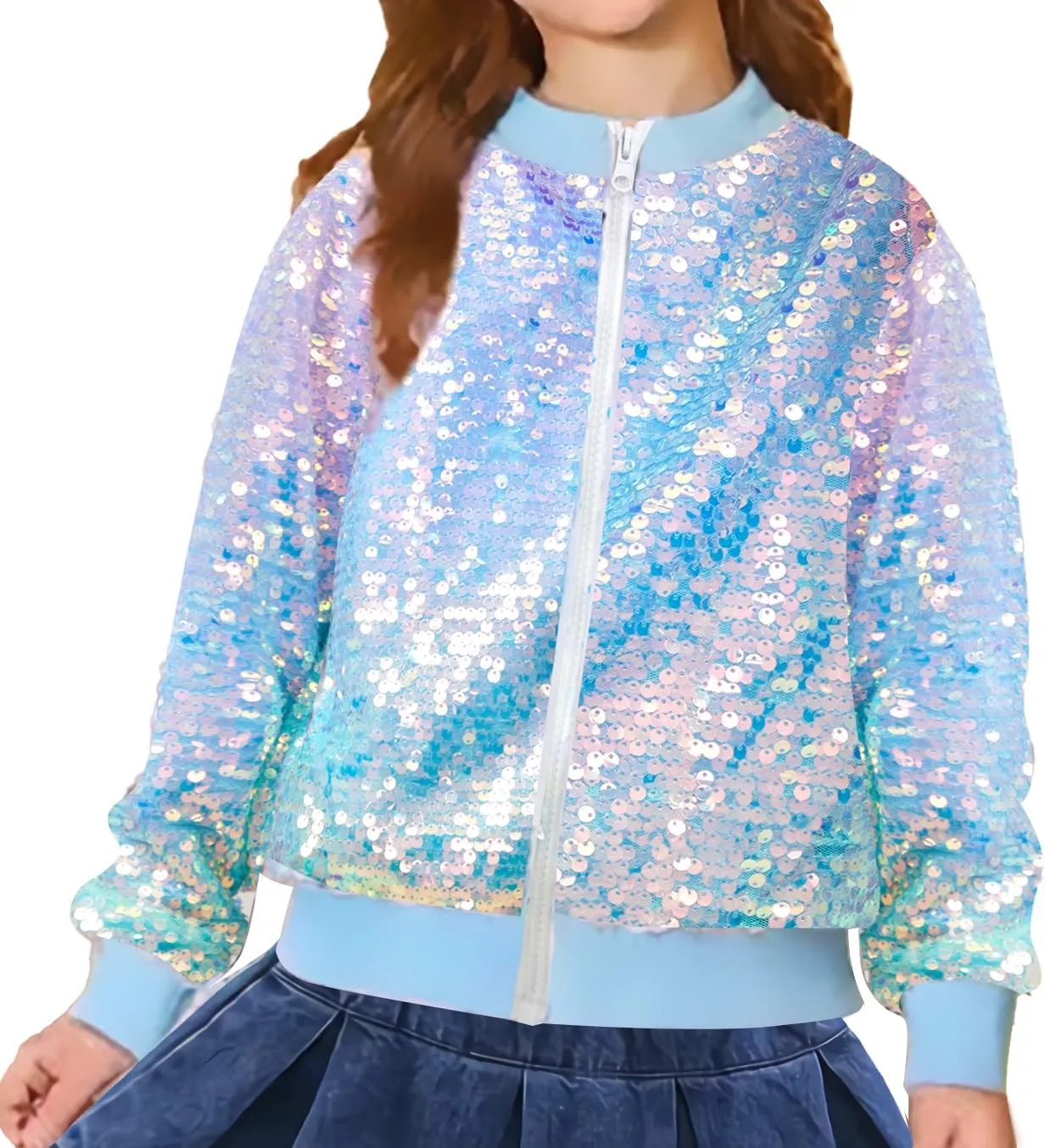 Girls Sequin Bomber Jacket Glitter Outwear Long Sleeve Zipper Jackets 5-12T