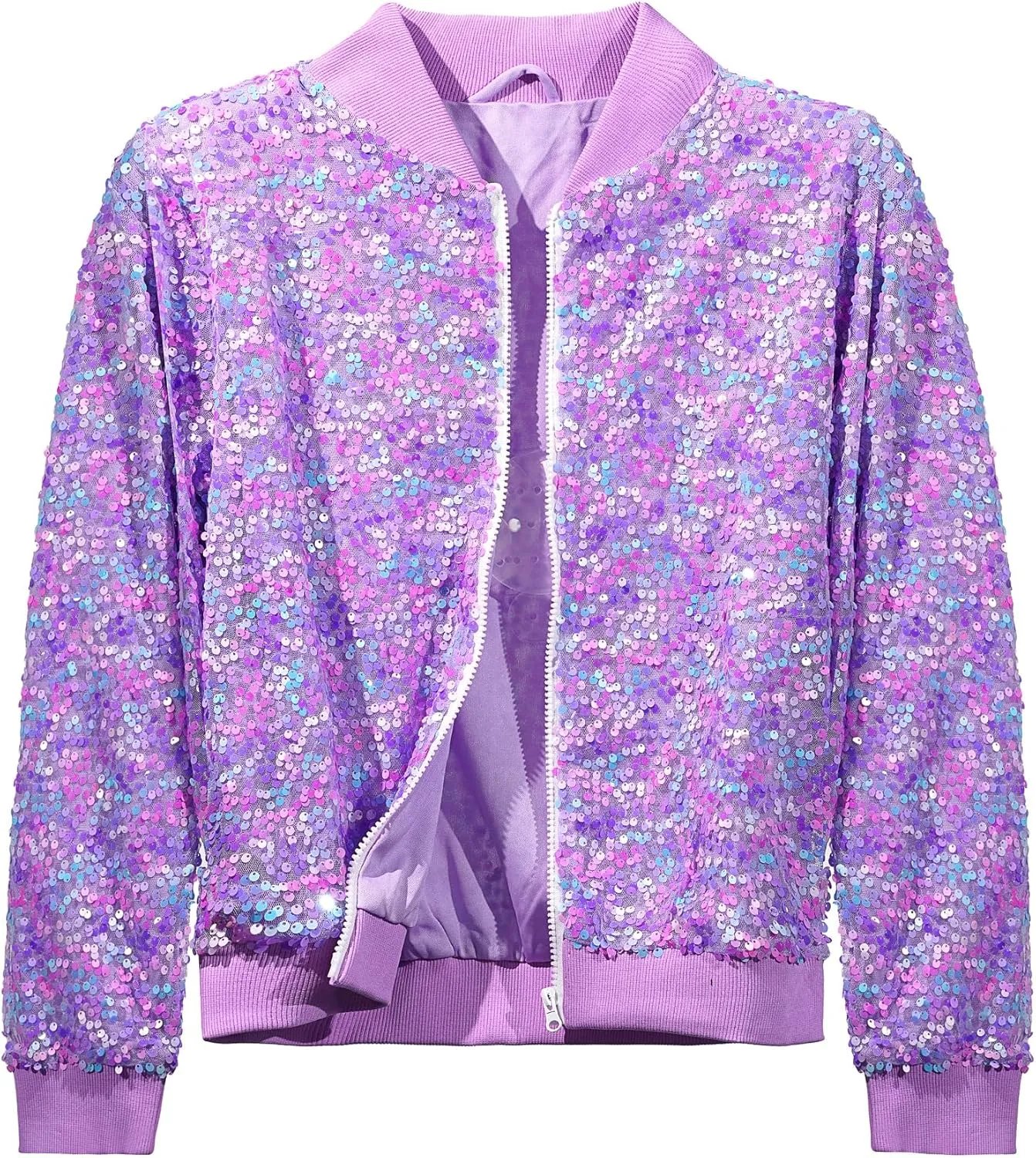 Girls Sequin Bomber Jacket Glitter Outwear Long Sleeve Zipper Jackets 5-12T