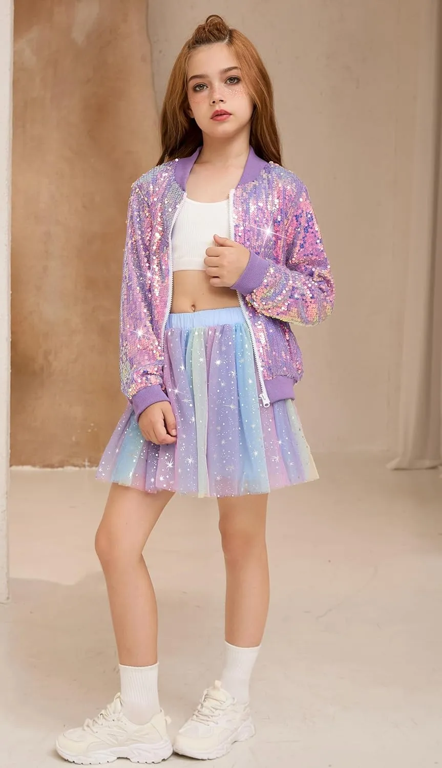 Girls Sequin Bomber Jacket Sparkly Bomber Outfit Long Sleeve Zipper Bright Colors 5-12T