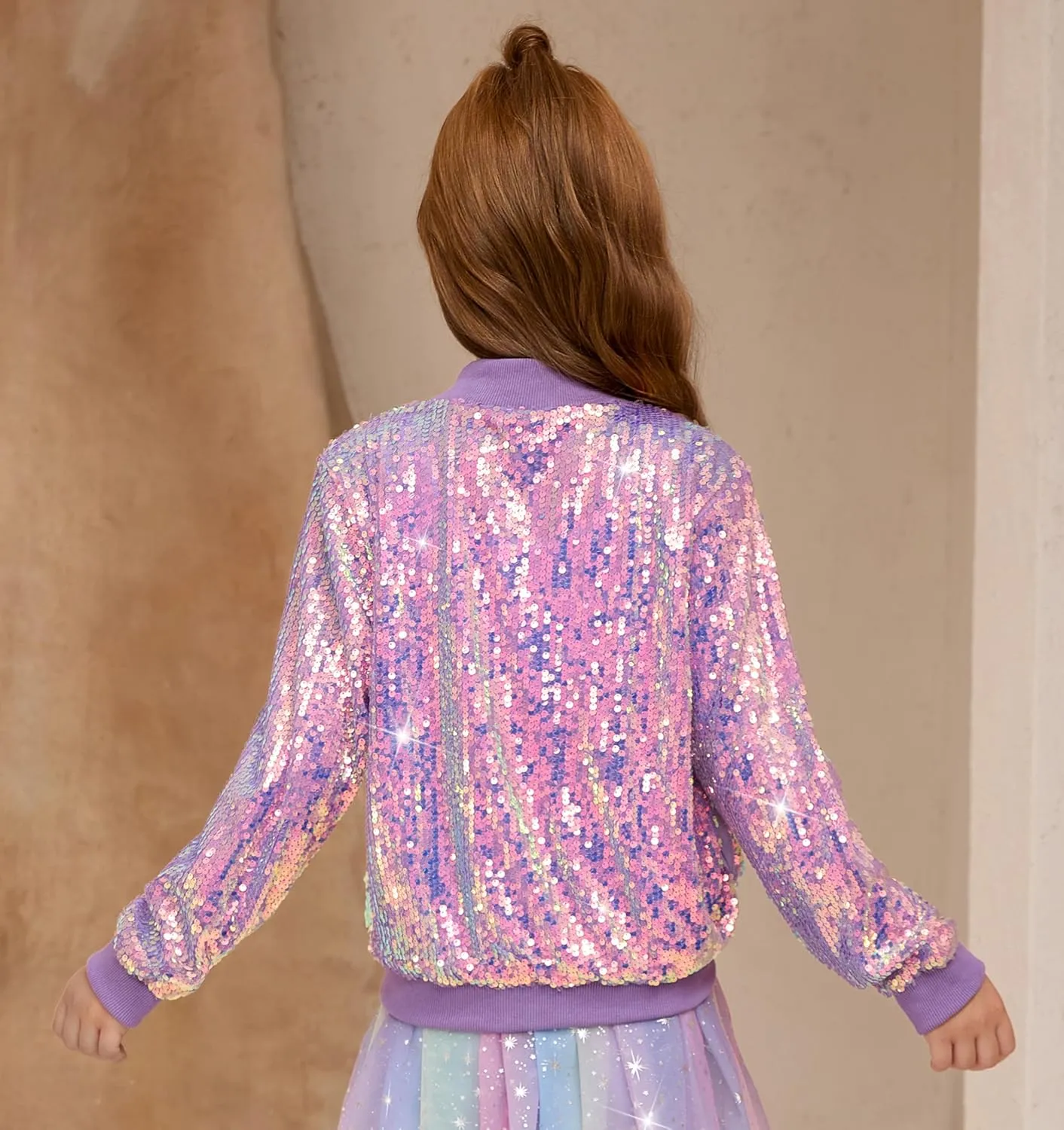Girls Sequin Bomber Jacket Sparkly Bomber Outfit Long Sleeve Zipper Bright Colors 5-12T