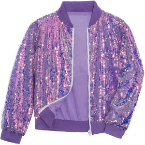 Girls Sequin Bomber Jacket Sparkly Bomber Outfit Long Sleeve Zipper Bright Colors 5-12T
