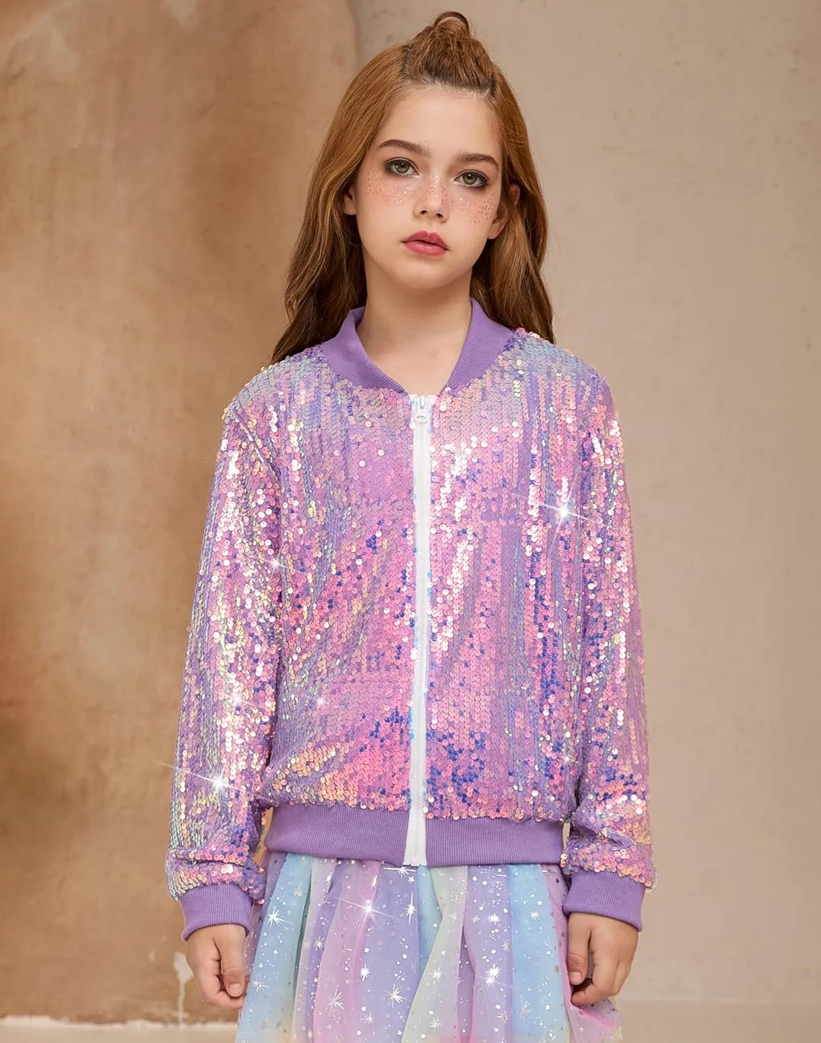 Girls Sequin Bomber Jacket Sparkly Bomber Outfit Long Sleeve Zipper Bright Colors 5-12T