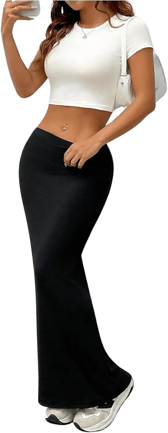 GORGLITTER Women's Trendy High Waisted Bodycon Maxi Skirts Elastic Waist Pencil Long Skirt 2025 Dressy