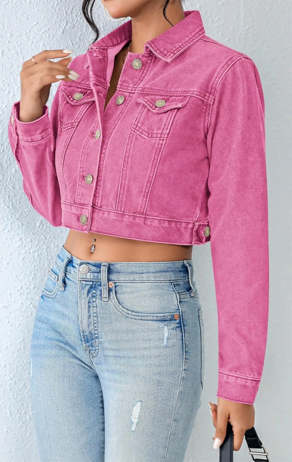 Grabsa Women's Button Down Long Sleeve Cropped Denim Jean Jacket with Pockets