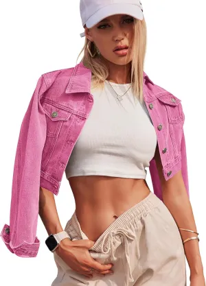Grabsa Women's Button Down Long Sleeve Cropped Denim Jean Jacket with Pockets