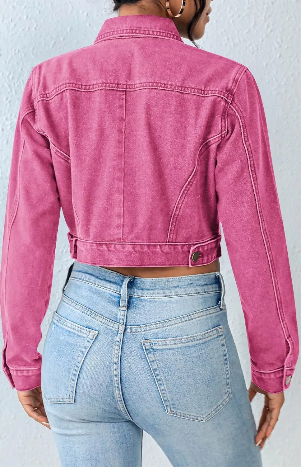 Grabsa Women's Button Down Long Sleeve Cropped Denim Jean Jacket with Pockets
