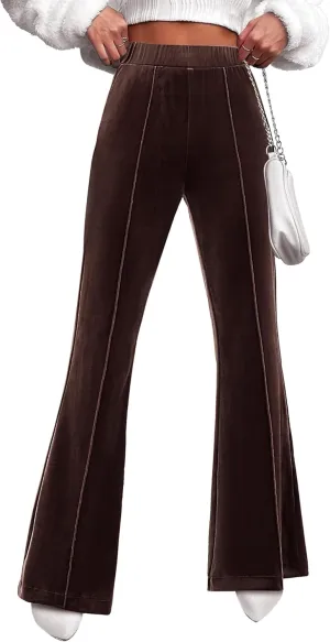 GRAPENT Flare Velvet Pants for Women High Waisted Wide Leg Stretch Elastic Waist Pull On Trousers Front Seam Slacks
