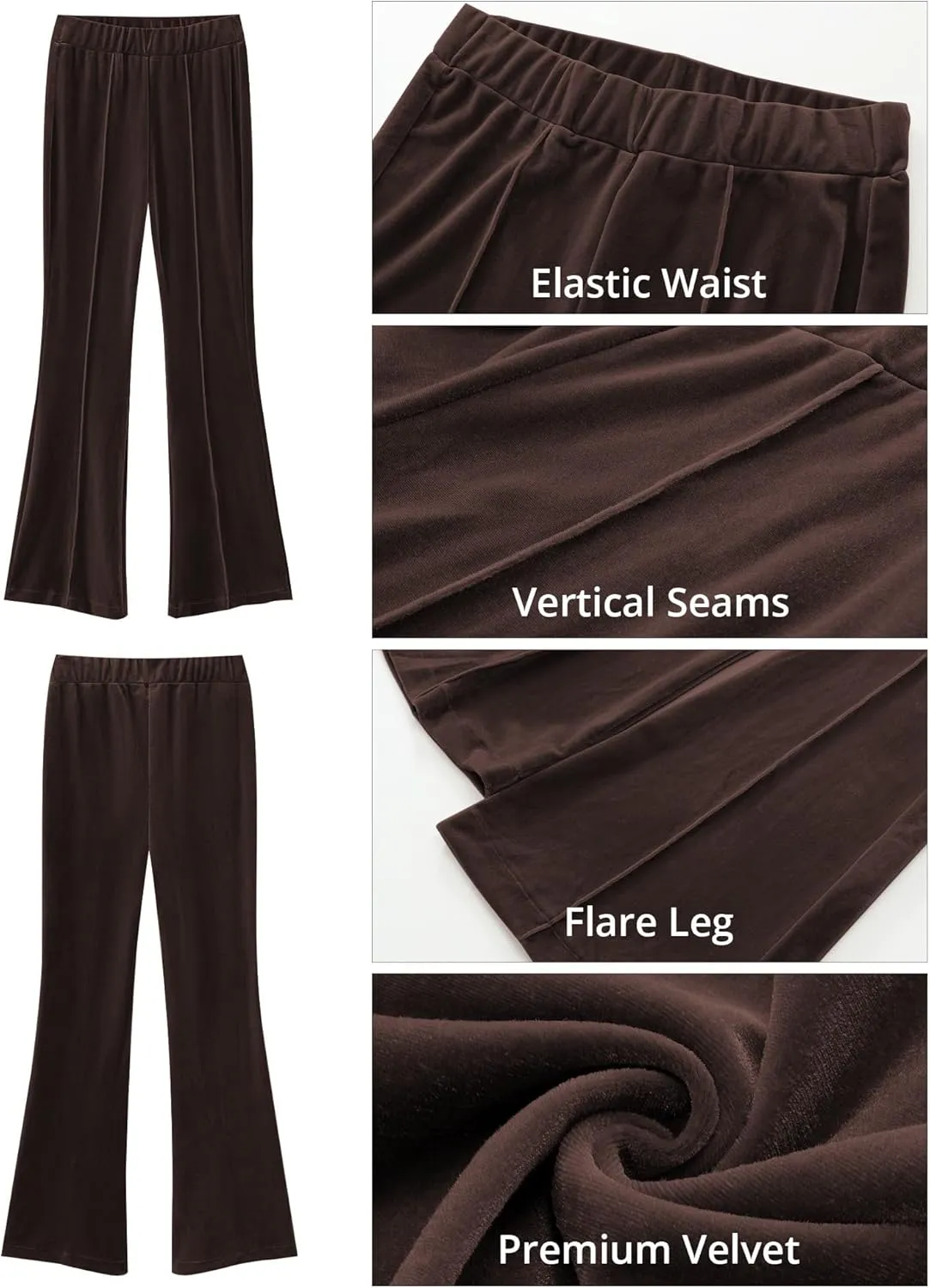 GRAPENT Flare Velvet Pants for Women High Waisted Wide Leg Stretch Elastic Waist Pull On Trousers Front Seam Slacks