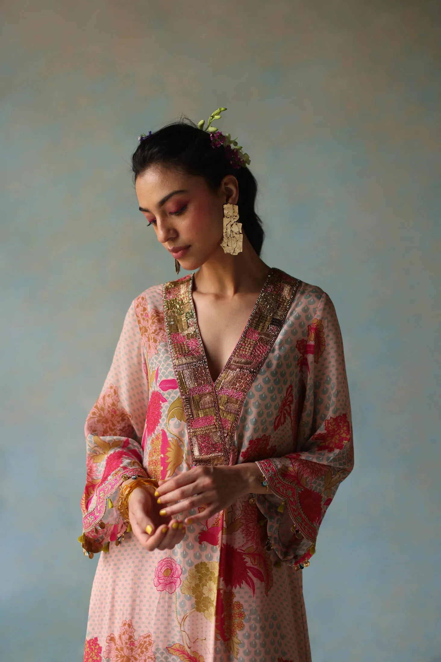 Gul Pastel Pink Printed Front Pleat Kurta Set