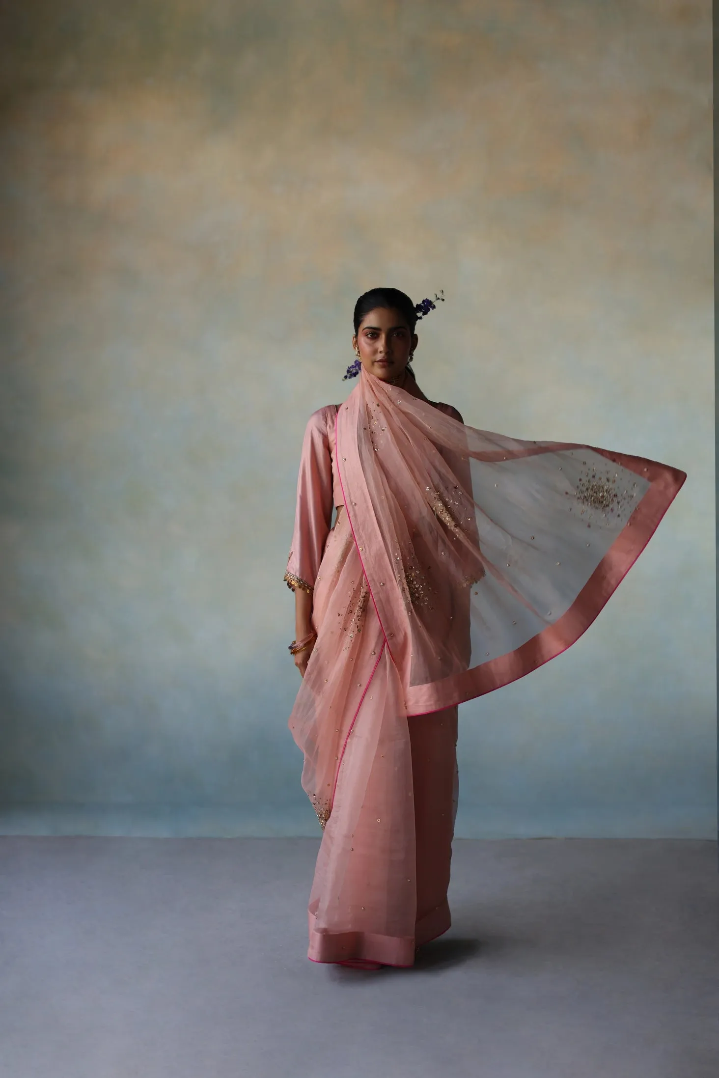 Gul Pastel Pink Sequin Flower Sari