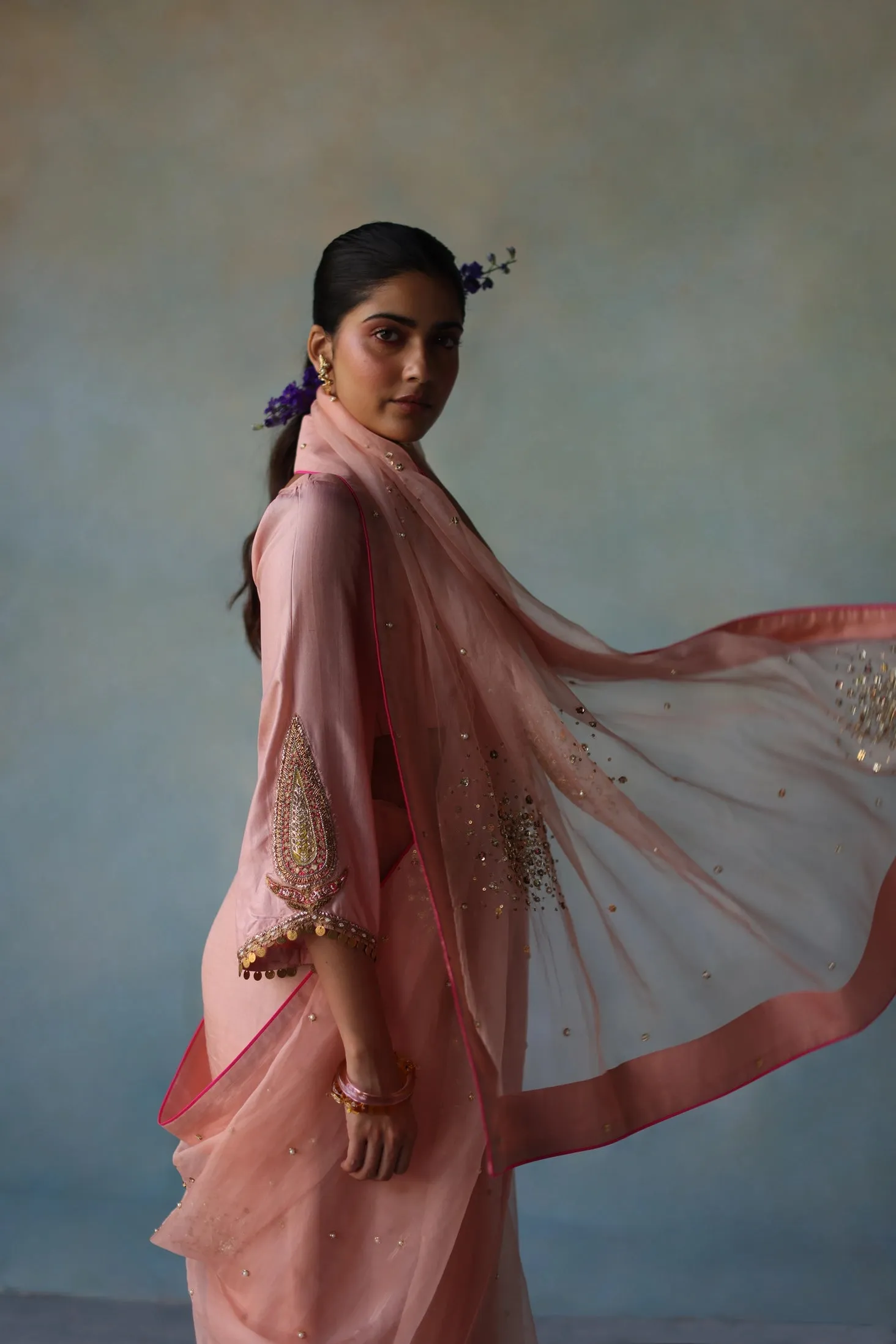 Gul Pastel Pink Sequin Flower Sari