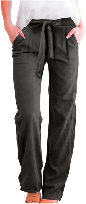 Gumipy Wide Leg Dress Pants for Women Comfy Plus Size Linen Pants Tie Knot Lounge Pants with Pockets High Waisted Work Pants