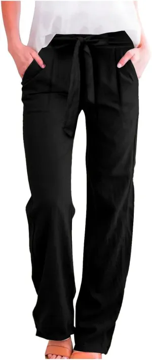 Gumipy Wide Leg Dress Pants for Women Comfy Plus Size Linen Pants Tie Knot Lounge Pants with Pockets High Waisted Work Pants