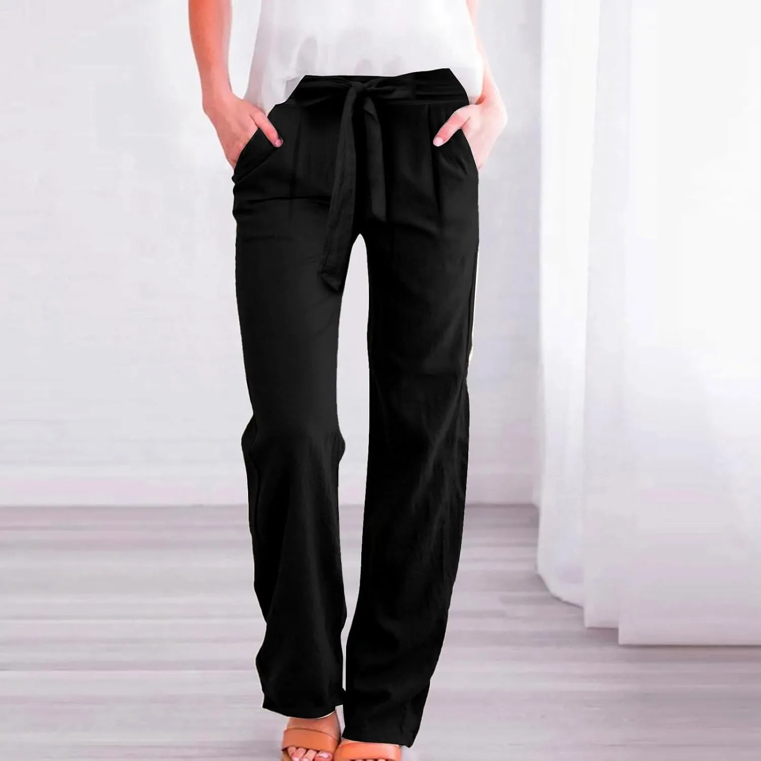Gumipy Wide Leg Dress Pants for Women Comfy Plus Size Linen Pants Tie Knot Lounge Pants with Pockets High Waisted Work Pants