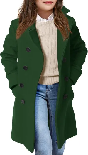 Haloumoning Girls Double Breasted Trench Coat Kids Notch Lapel Long Peacoat with Pockets 5-14 Years
