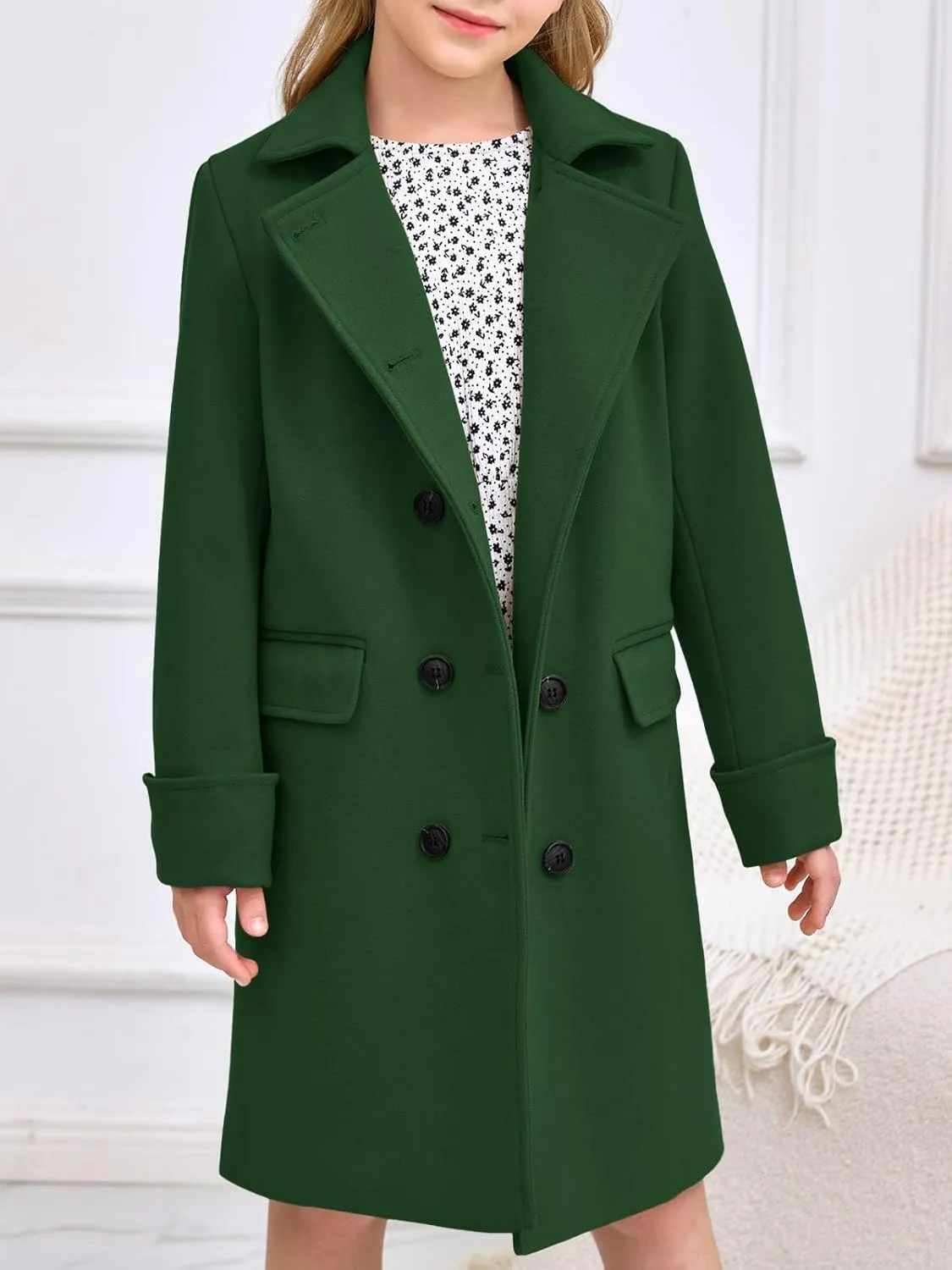 Haloumoning Girls Double Breasted Trench Coat Kids Notch Lapel Long Peacoat with Pockets 5-14 Years