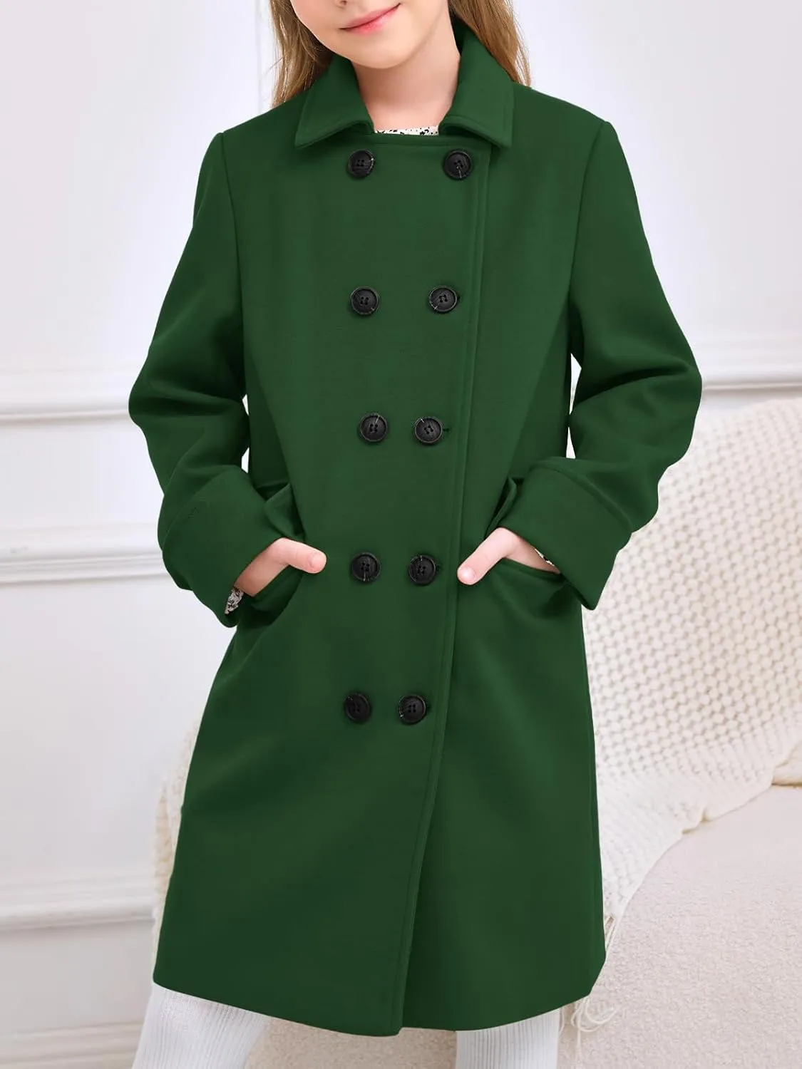 Haloumoning Girls Double Breasted Trench Coat Kids Notch Lapel Long Peacoat with Pockets 5-14 Years