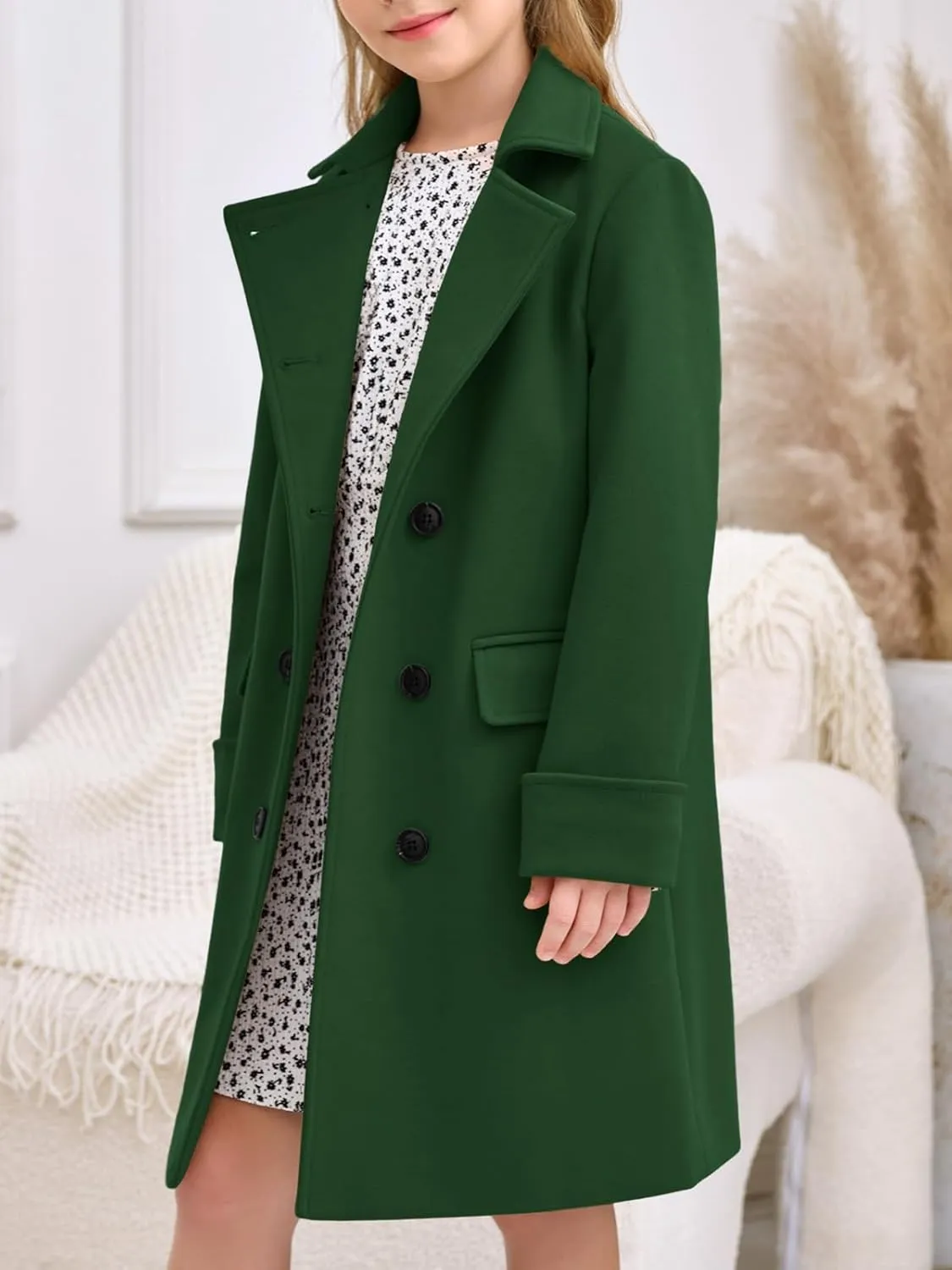 Haloumoning Girls Double Breasted Trench Coat Kids Notch Lapel Long Peacoat with Pockets 5-14 Years