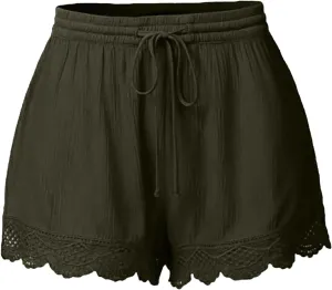 HAVUITYY Women Casual Shorts Summer Floral Lace Plus Size High Waist Drawstring Dressy Yoga Shorts Soft Trendy Beach Clothes