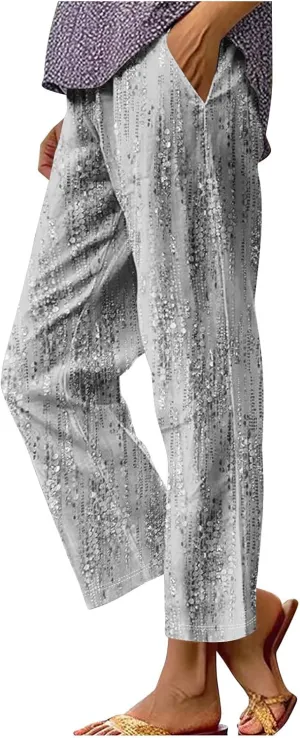 Hawaii Capri Pants Womens Casual Boho Tropical Floral Print Slacks Elastic High Waist Drawstring Summer Beach Trousers