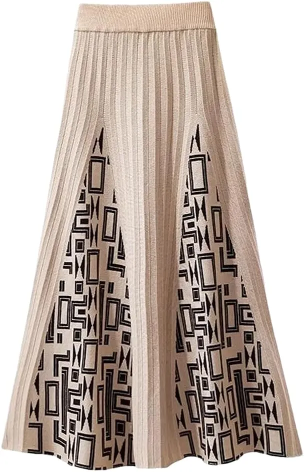 Hdhdeueh Women High Waist Knitted Midi Skirt Pleated Elegant Skirts
