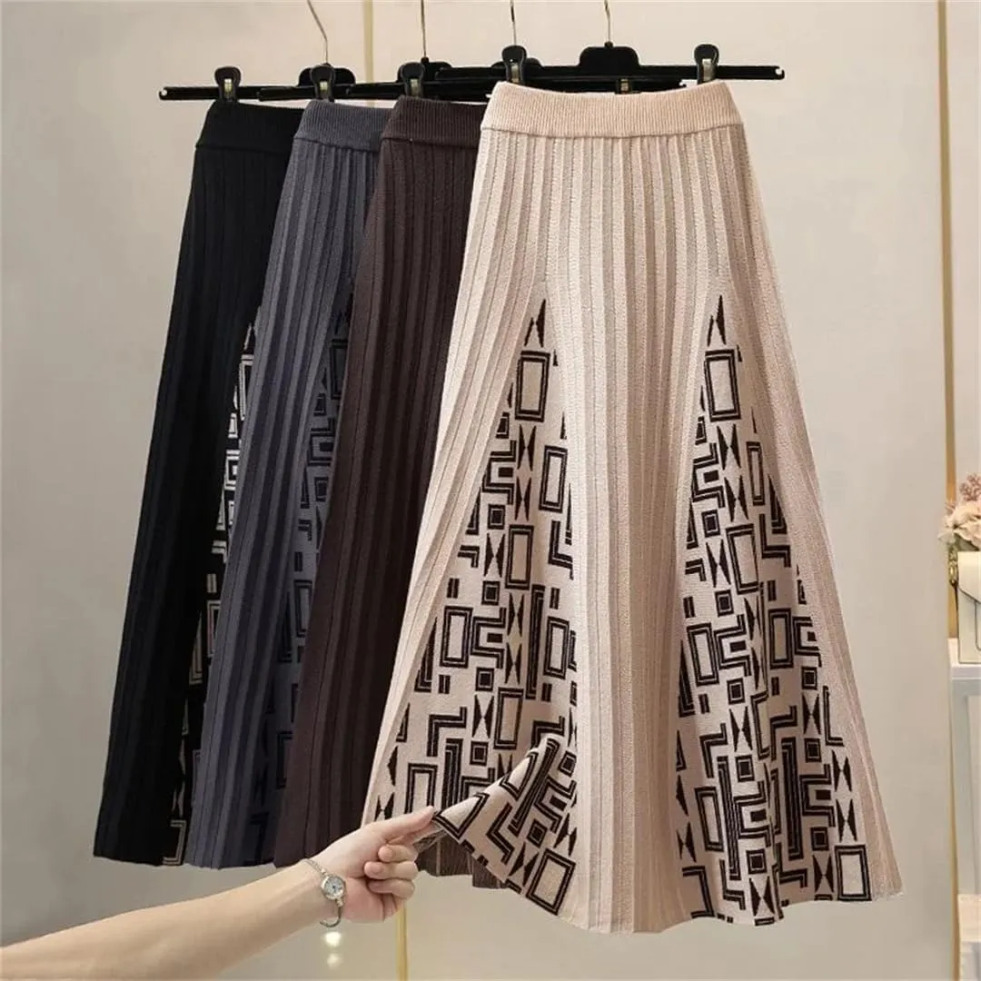 Hdhdeueh Women High Waist Knitted Midi Skirt Pleated Elegant Skirts
