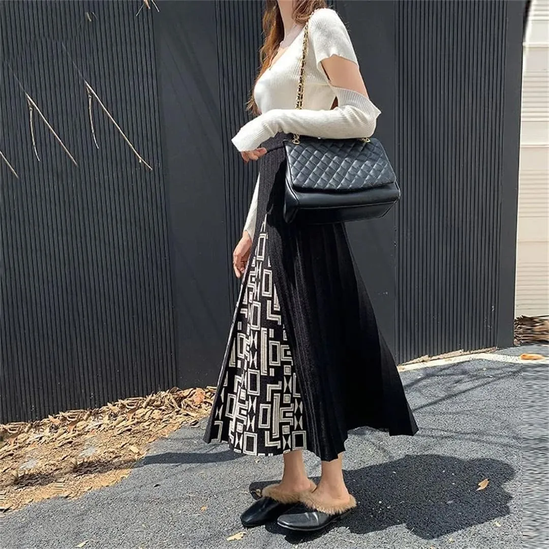 Hdhdeueh Women High Waist Knitted Midi Skirt Pleated Elegant Skirts