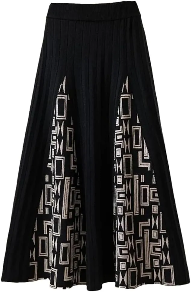 Hdhdeueh Women High Waist Knitted Midi Skirt Pleated Elegant Skirts