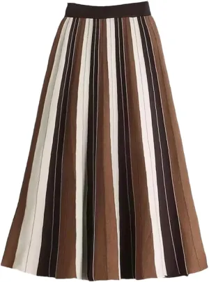Hdhdeueh Women Striped Brown Gray A-Line High Waist Knitted Midi Skirt Elegant Pleated Skirt