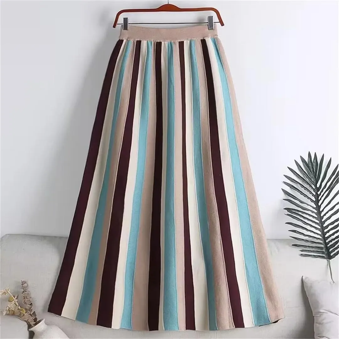 Hdhdeueh Women Striped Brown Gray A-Line High Waist Knitted Midi Skirt Elegant Pleated Skirt