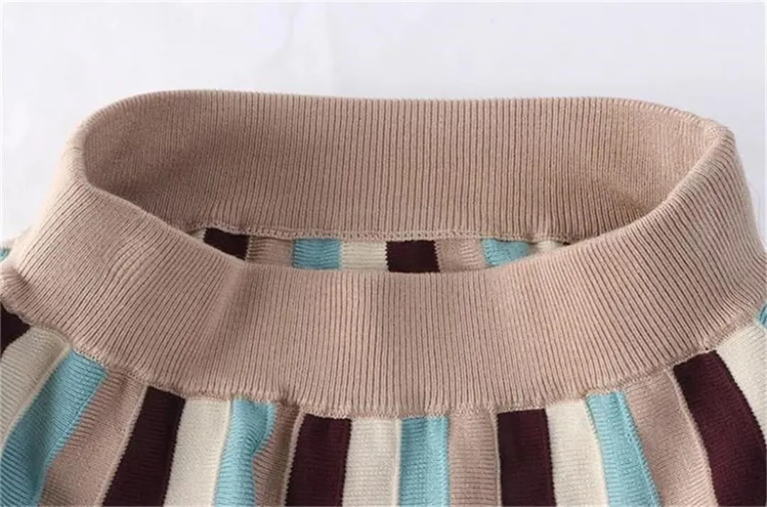 Hdhdeueh Women Striped Brown Gray A-Line High Waist Knitted Midi Skirt Elegant Pleated Skirt