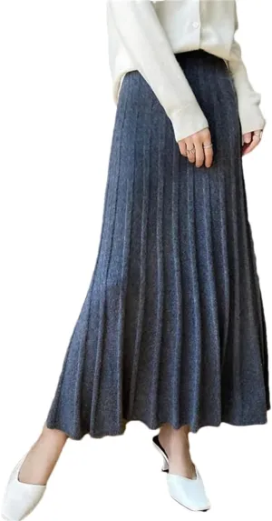 Hdhdeueh Women's High Waist Pleated Skirt Wool Elegant Thick A-Line Midi Skirts