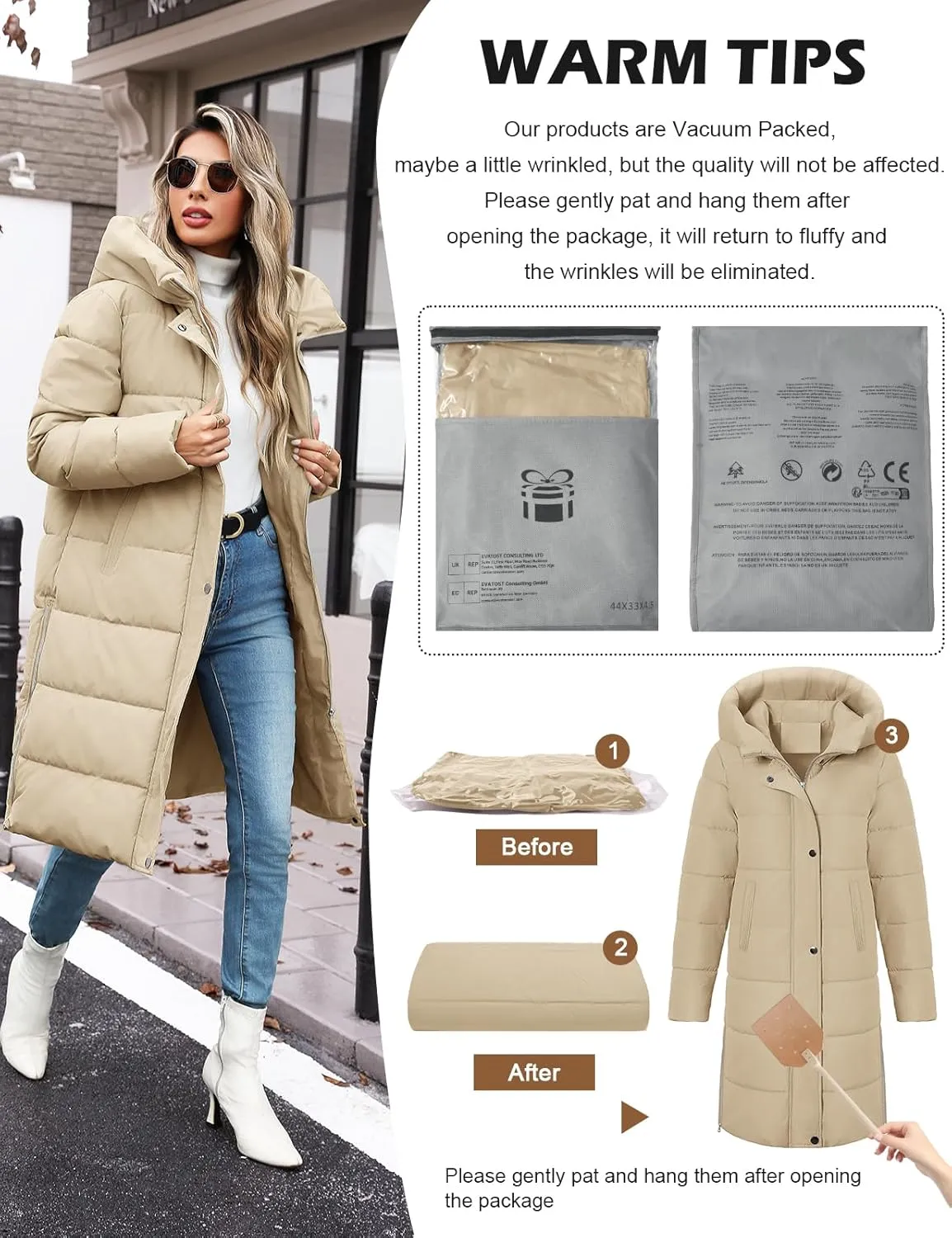 HEEKPEK Womens Winter Long Puffer Coats Down Thicken Warm Quilted Jacket Mid-Length with Side Zipper and Hood Outerwear