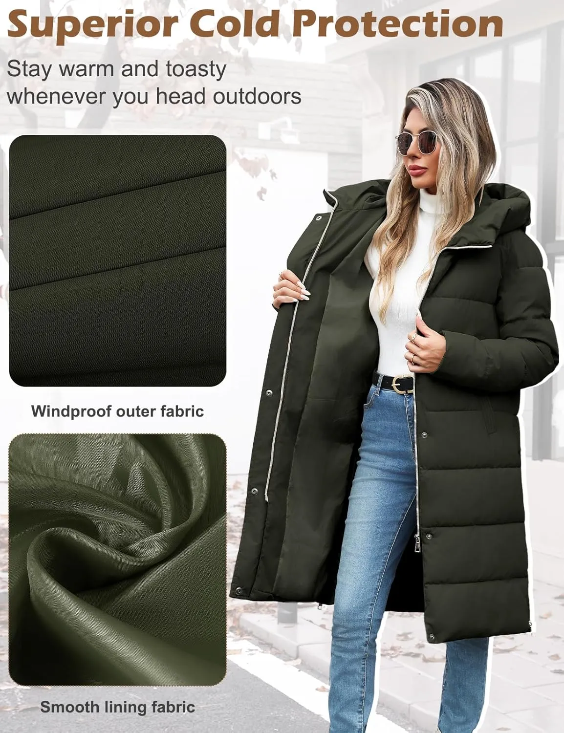 HEEKPEK Womens Winter Long Puffer Coats Down Thicken Warm Quilted Jacket Mid-Length with Side Zipper and Hood Outerwear