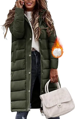 HEEKPEK Womens Winter Long Puffer Coats Down Thicken Warm Quilted Jacket Mid-Length with Side Zipper and Hood Outerwear