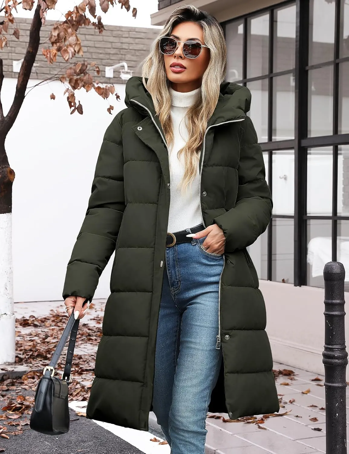 HEEKPEK Womens Winter Long Puffer Coats Down Thicken Warm Quilted Jacket Mid-Length with Side Zipper and Hood Outerwear