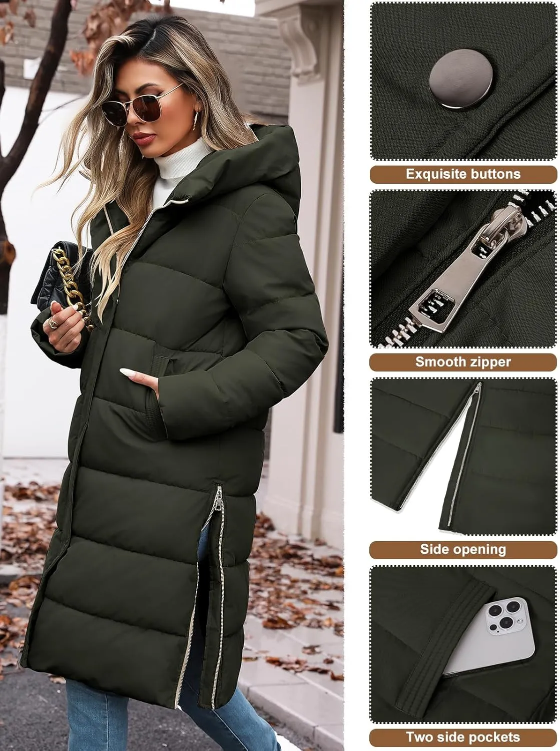 HEEKPEK Womens Winter Long Puffer Coats Down Thicken Warm Quilted Jacket Mid-Length with Side Zipper and Hood Outerwear