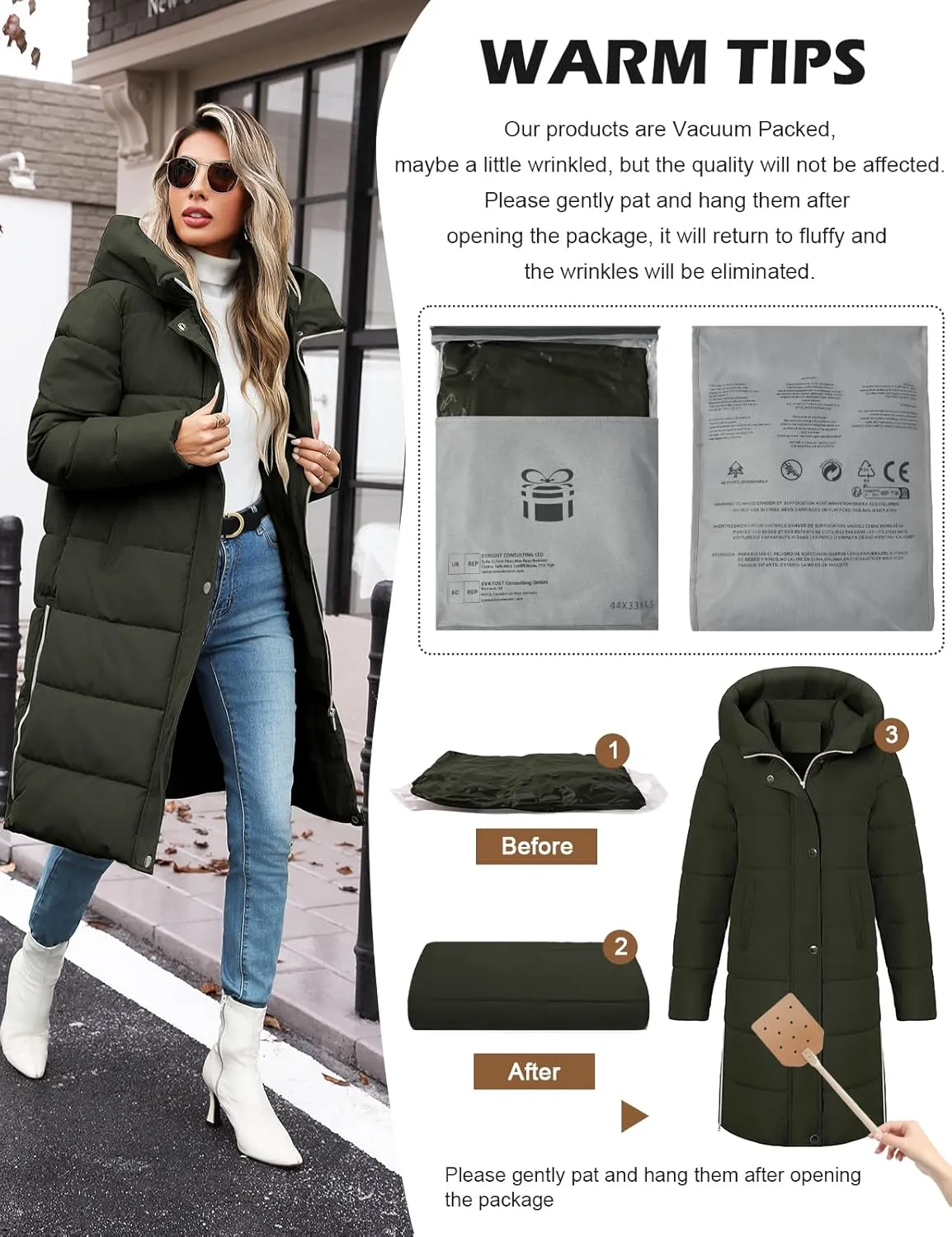 HEEKPEK Womens Winter Long Puffer Coats Down Thicken Warm Quilted Jacket Mid-Length with Side Zipper and Hood Outerwear
