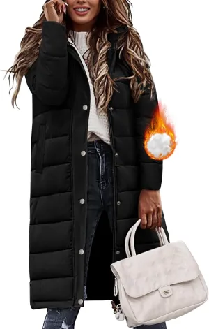HEEKPEK Womens Winter Long Puffer Coats Down Thicken Warm Quilted Jacket Mid-Length with Side Zipper and Hood Outerwear