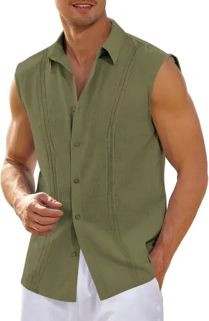 Hestenve Men's Cuban Guayabera Linen Shirts Sleeveless Button Up Shirt Casual Summer Beach Tops
