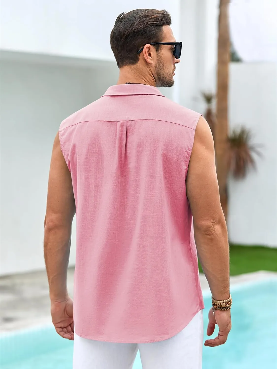 Hestenve Men's Cuban Guayabera Linen Shirts Sleeveless Button Up Shirt Casual Summer Beach Tops