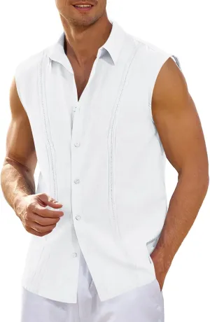 Hestenve Men's Cuban Guayabera Linen Shirts Sleeveless Button Up Shirt Casual Summer Beach Tops