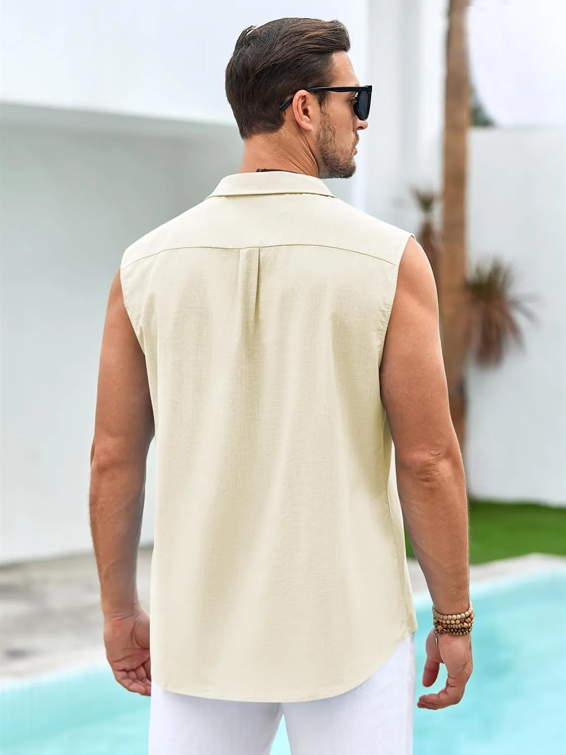 Hestenve Men's Cuban Guayabera Linen Shirts Sleeveless Button Up Shirt Casual Summer Beach Tops