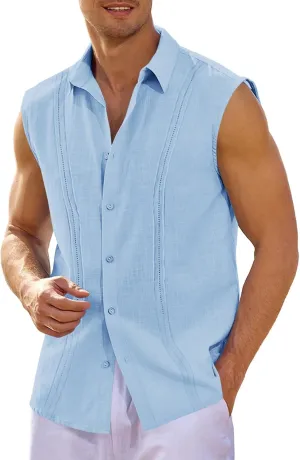 Hestenve Men's Cuban Guayabera Linen Shirts Sleeveless Button Up Shirt Casual Summer Beach Tops