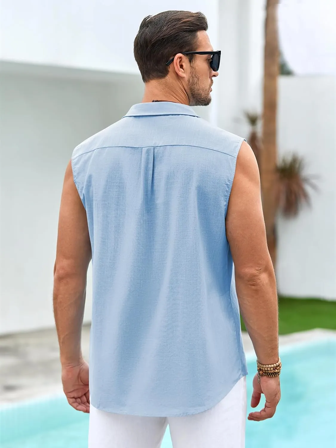 Hestenve Men's Cuban Guayabera Linen Shirts Sleeveless Button Up Shirt Casual Summer Beach Tops