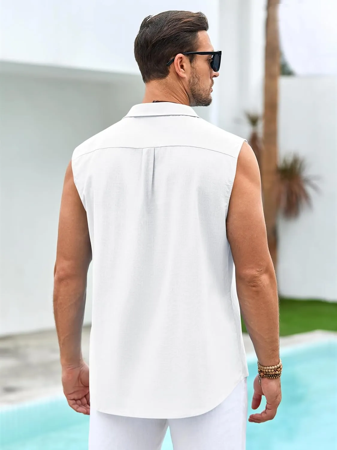 Hestenve Men's Cuban Guayabera Linen Shirts Sleeveless Button Up Shirt Casual Summer Beach Tops