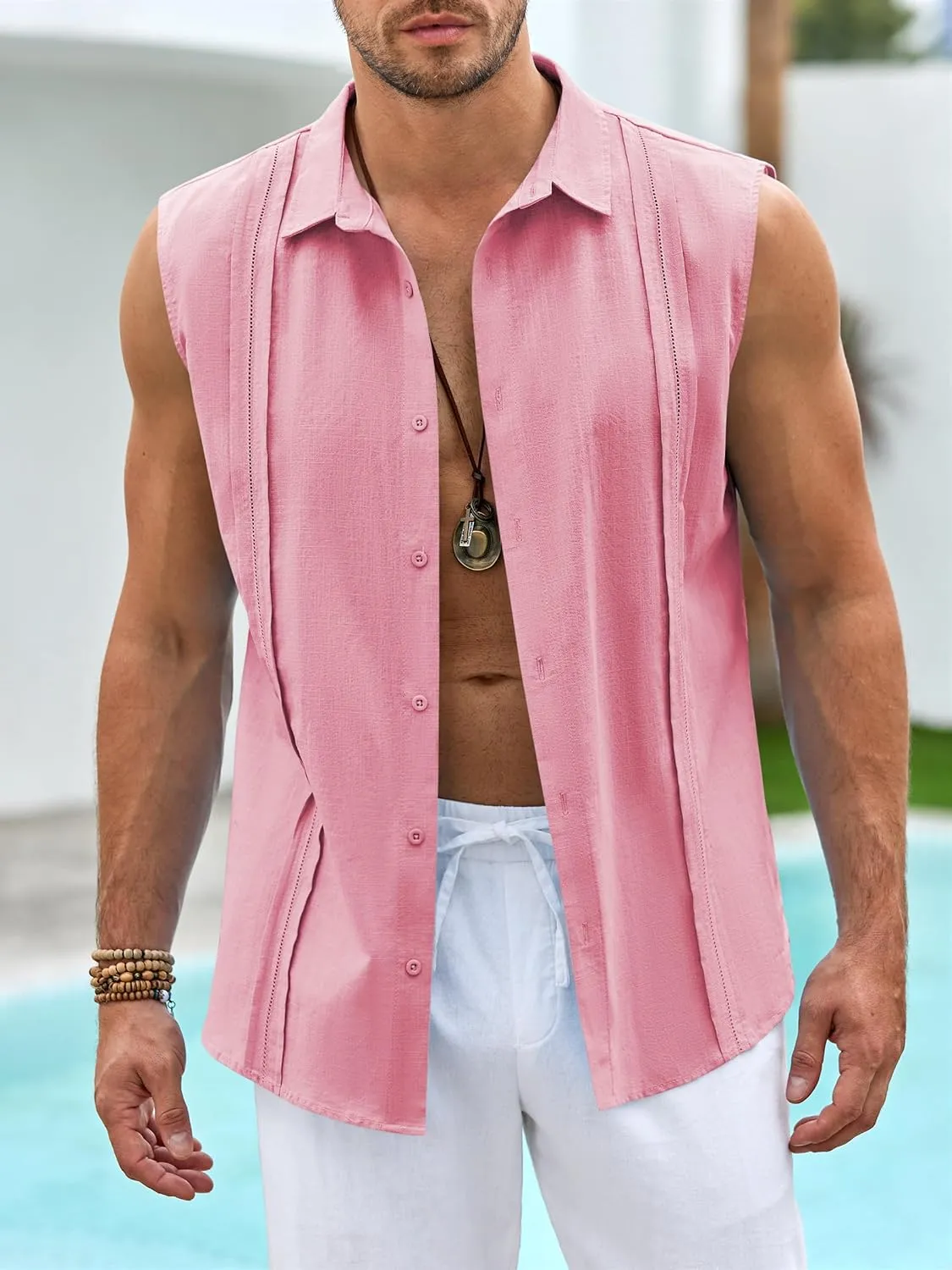 Hestenve Men's Cuban Guayabera Linen Shirts Sleeveless Button Up Shirt Casual Summer Beach Tops