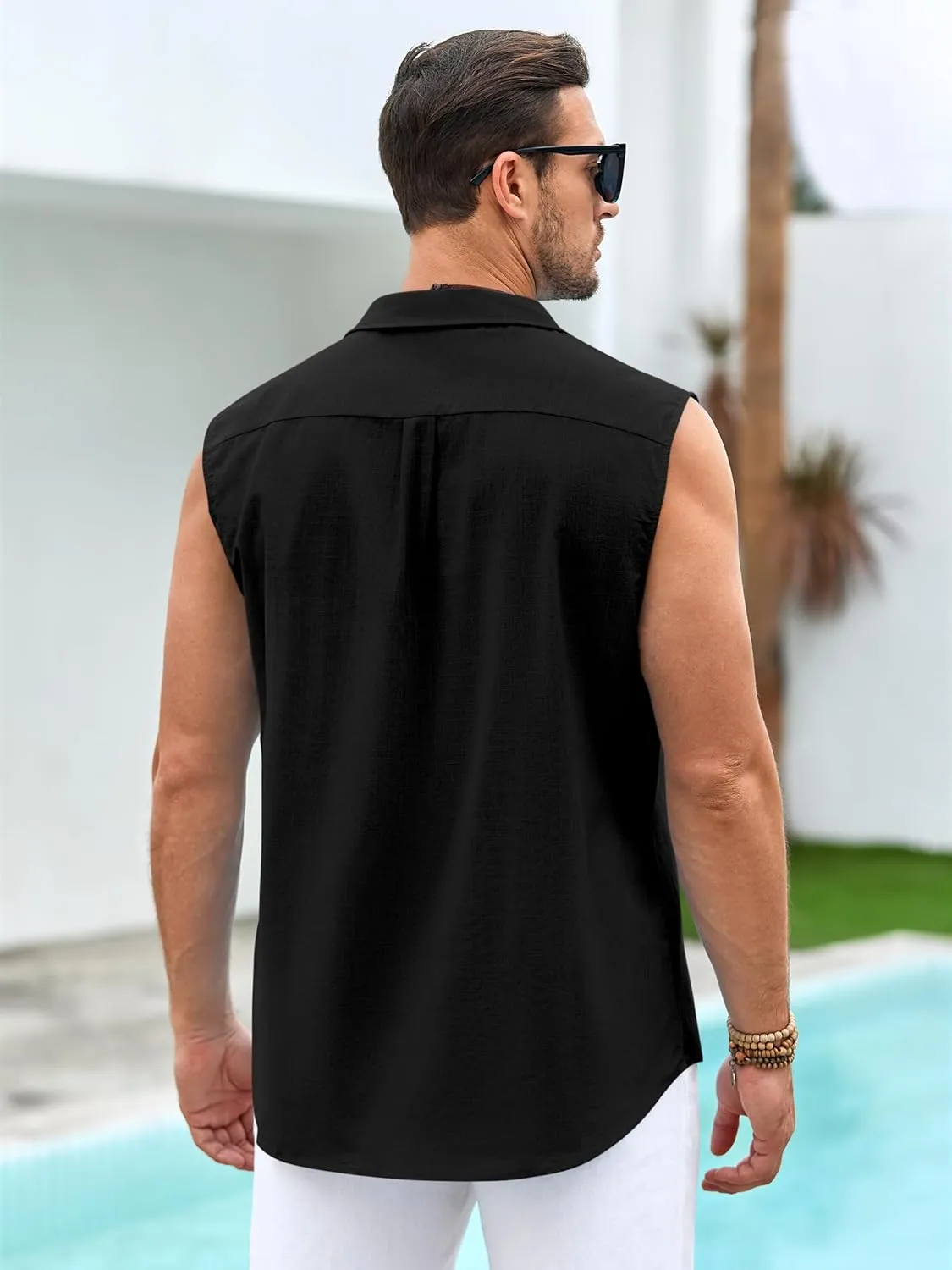Hestenve Men's Cuban Guayabera Linen Shirts Sleeveless Button Up Shirt Casual Summer Beach Tops