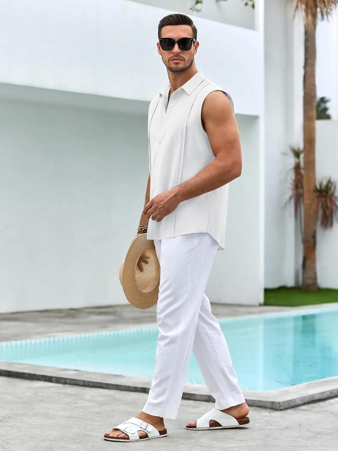 Hestenve Men's Cuban Guayabera Linen Shirts Sleeveless Button Up Shirt Casual Summer Beach Tops