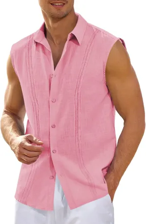 Hestenve Men's Cuban Guayabera Linen Shirts Sleeveless Button Up Shirt Casual Summer Beach Tops